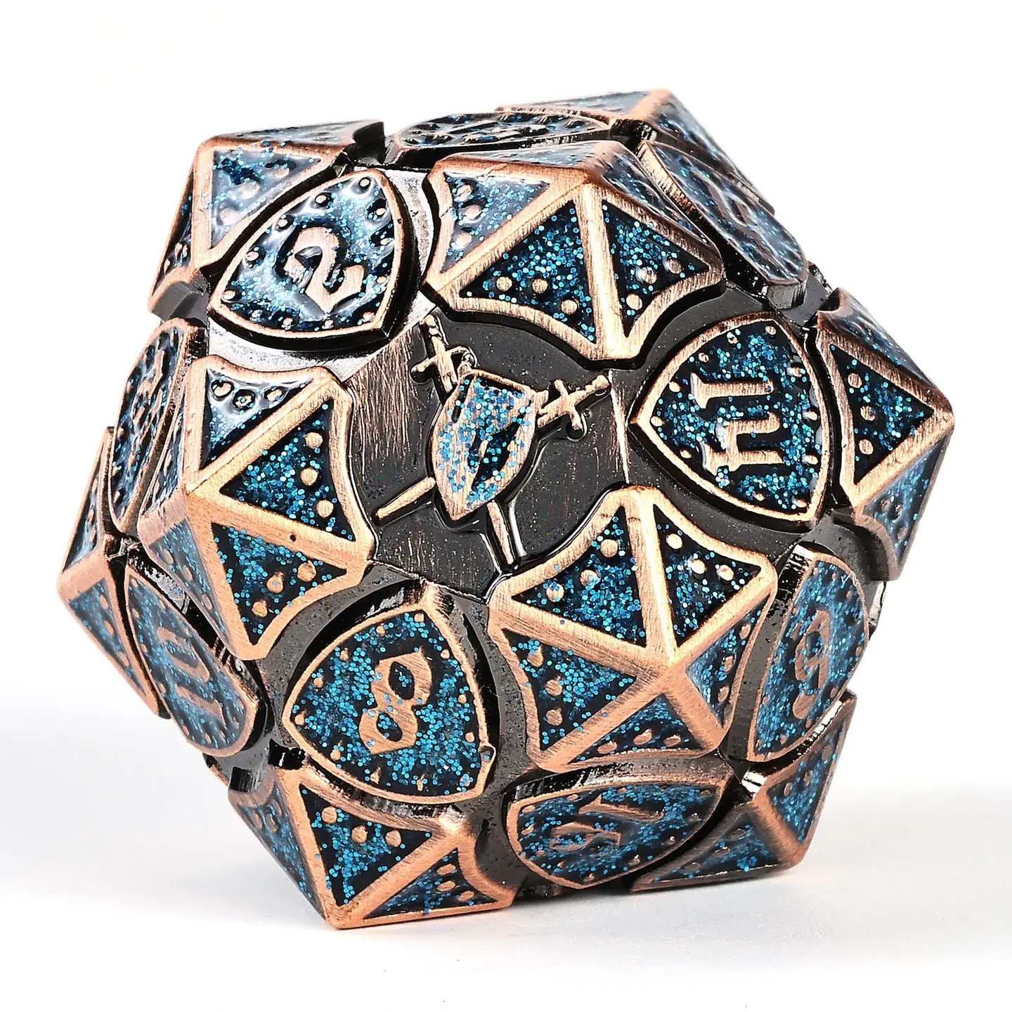 Solid Metal Fighter Rpg Dice Set - Copper W/Blue Glitter